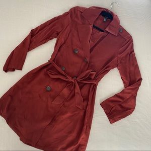 Burgundy Long Line Button Up Trench Coat with Tie